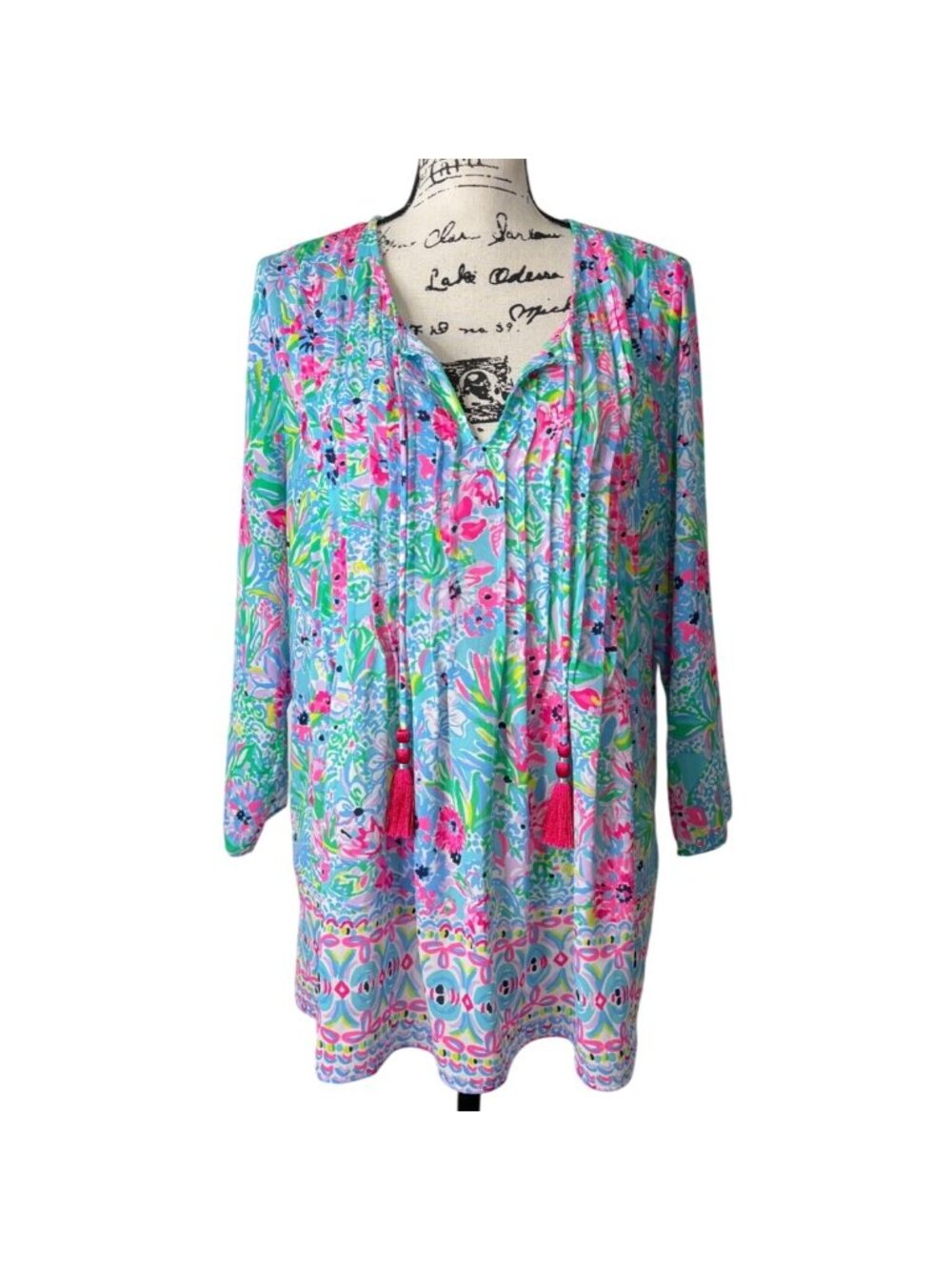 Lilly Pulitzer Womens Size M Marilina Tunic Top Floral Tassels Blue Green Pink - Picture 2 of 7